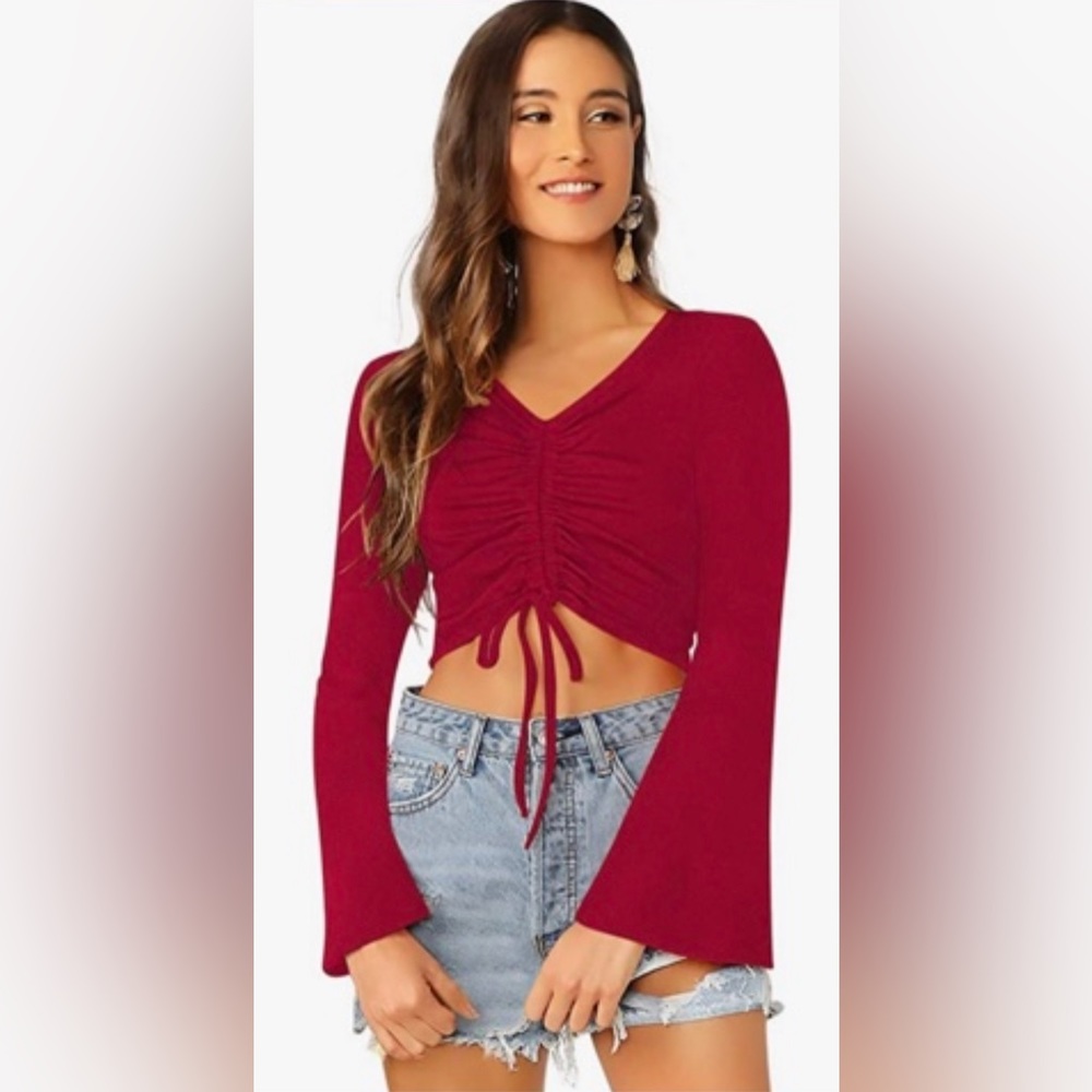 NEW Sexy Adjustable Drawstring String Long Bell Sleeve Rib Knit Crop Top Size L